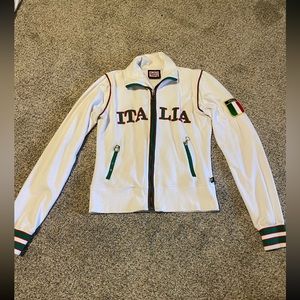 “ITALIA” jacket. white with green and red lettering and detail.